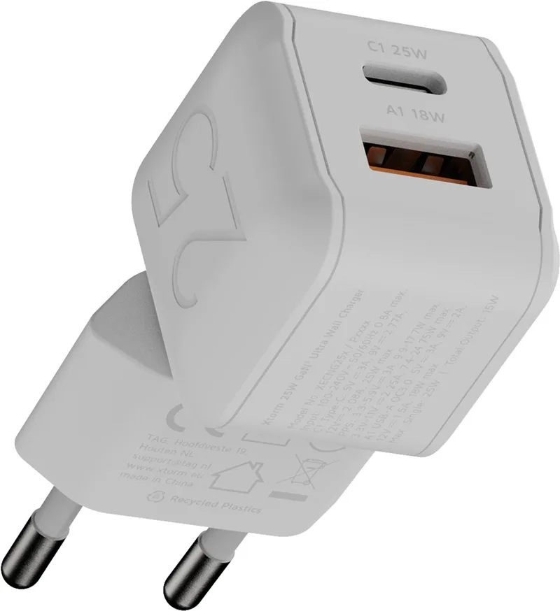 NextGen USB-C Oplader 25W – USB-C Snellader – Telefoon Oplader – GaN³ – USB-C & USB-A – Wit van Xtorm in Wit – 25W – productfoto