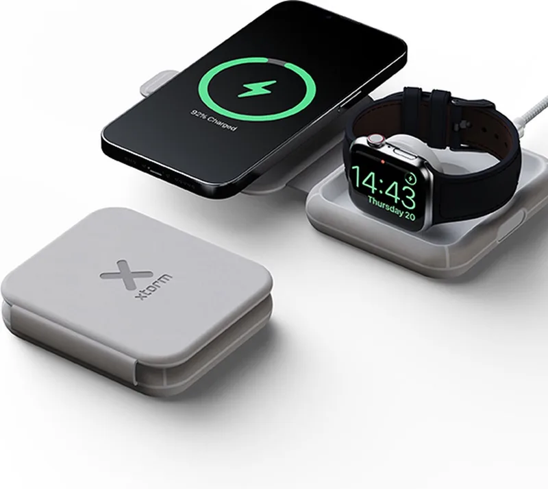 Xtorm 15W Opvouwbare Draadloze Oplader 2-in-1 - Geschikt voor iPhone, AirPods & Apple Watch - Stijlvol Ontwerp - Snelladen by Xtorm in Grey – product photo