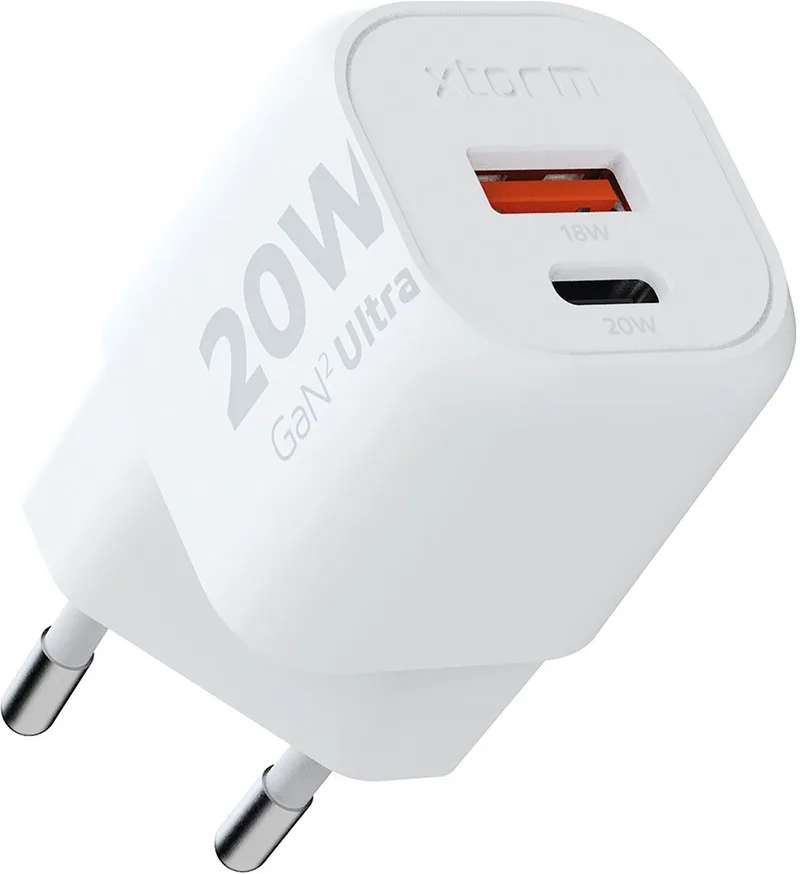 Xtorm 20W GAN2 Ultra Oplader - Snelladen met USB-C & USB-A - Power Delivery, GAN Technologie - GRS Gerecycled Plastic de Xtorm en Blanc – photo produit