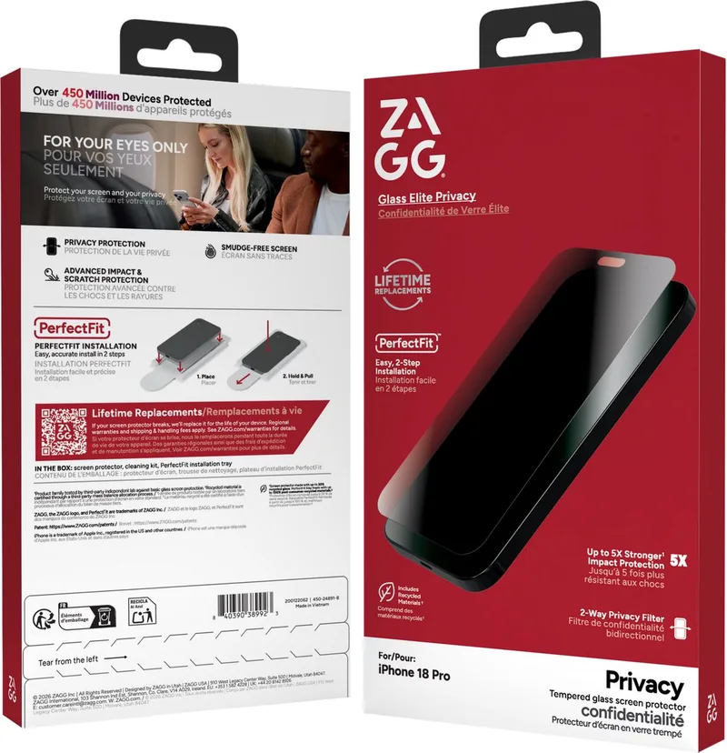 Screen Protector Geschikt voor Apple Iphone 18 Pro - InvisibleShield Glass Elite - Privacy Glass - Gemakkelijke Installatie - Installatietray - Antibacterieel von ZAGG – Produktfoto