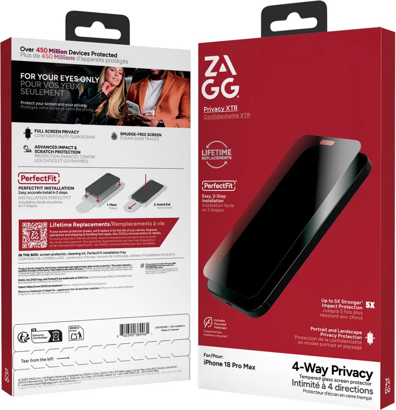 Screen Protector Geschikt voor Apple iPhone 18 Pro Max | Privacy XTR | Privacy Glass | Gemakkelijke Installatie | Antibacterieel by ZAGG – product photo