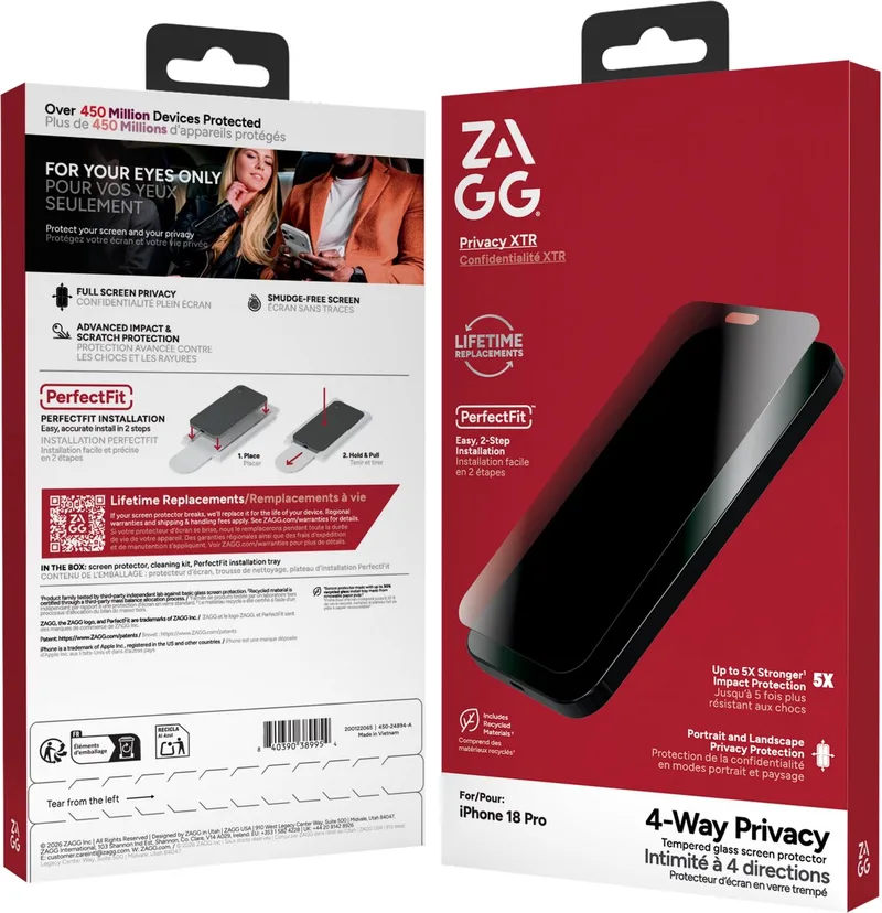 Screen Protector Geschikt voor Apple iPhone 18 Pro | Privacy XTR | Privacy Glass | Gemakkelijke Installatie | Antibacterieel by ZAGG – product photo